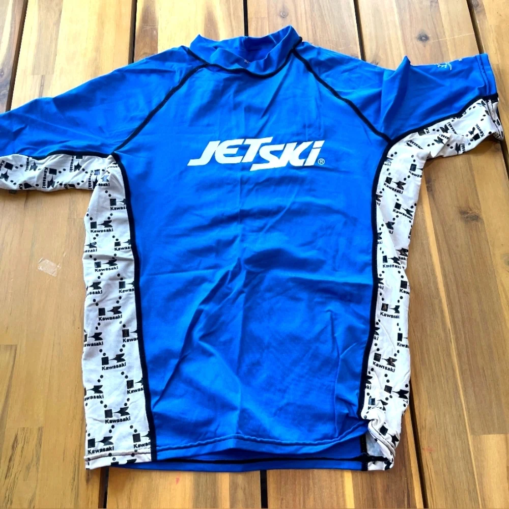 Vintage Kawasaki Jet Ski Mens Blue White Short Sleeve Rashguard Size Extra Small
